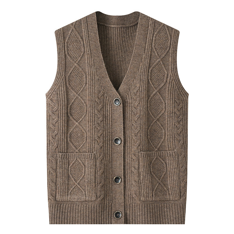 Middle-Aged and Elderly Women's Knitted Warm Vest Spring and Autumn Sleeveless Jacket Grandma's Clothes Top Thin Cardigan Elderly Wool Vest