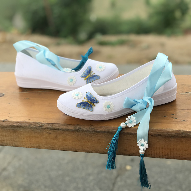 汉服配饰鞋cos改良帆布刺绣学生鞋坡跟绑带舞蹈小白鞋古风鞋子女