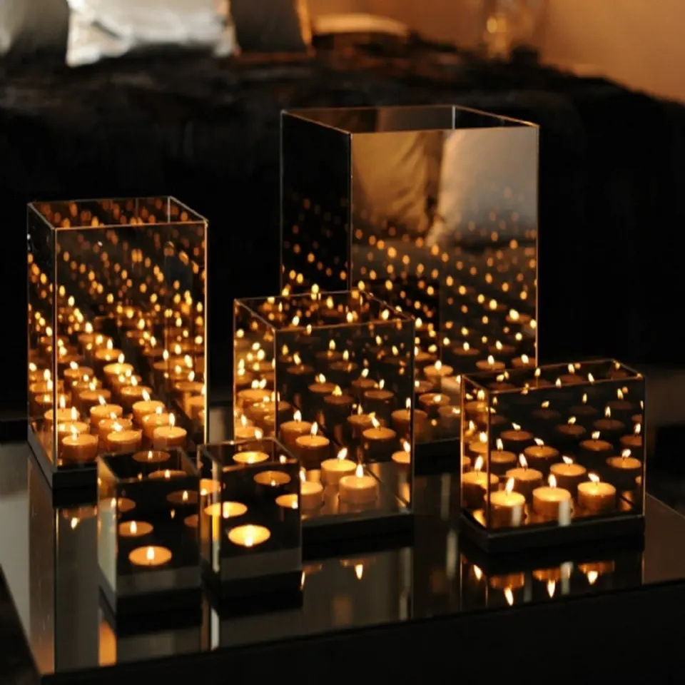 creative decoration brown light candle mirror reflection box square candlestick for cross-border