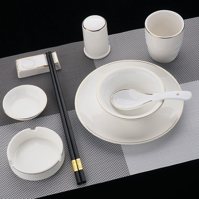餐具套装全套酒店会所金边摆台餐具新中式碗骨碟套装三件套四件套