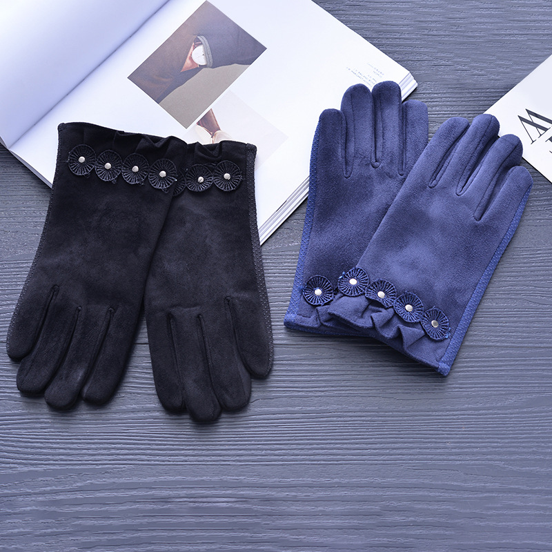 Solid Color Suede Gloves Women's Cold-Proof Warm Finger Cloth Gloves Four Flowers Decorative Outdoor Sports Riding Gloves