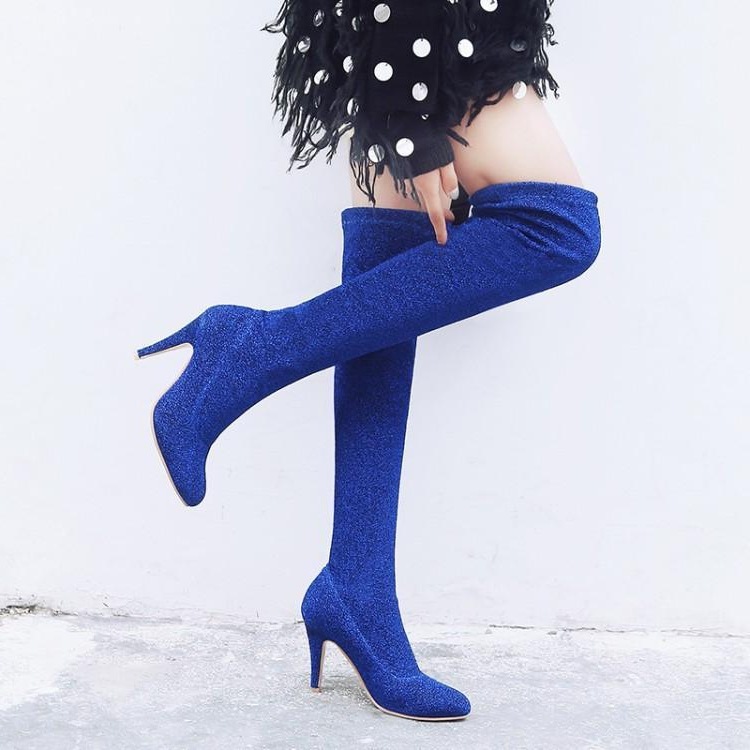 美鞋女靴女鞋弹力婚鞋性感过膝红色蓝色大码长靴 48 小码 32 yy