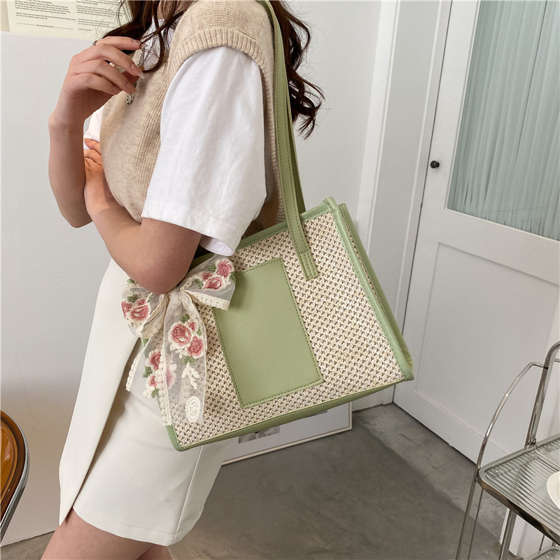 New Straw Tote Bag Simple Elegant Silk Scarf Shoulder Bag Art Lady Summer Beach Large Capacity Handbag