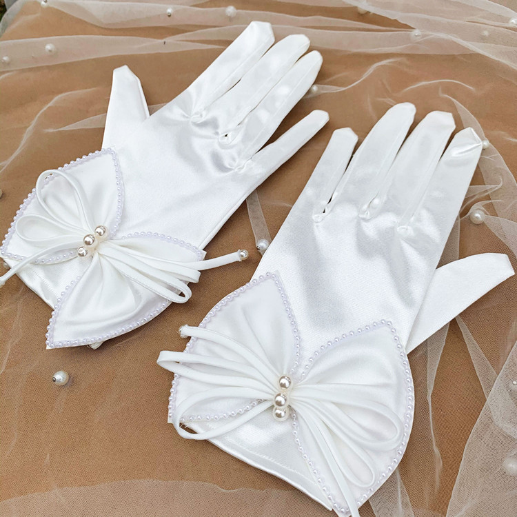 蝴蝶结缎面串珠中长款白色手套时尚新娘旅拍写真手套新娘结婚饰品