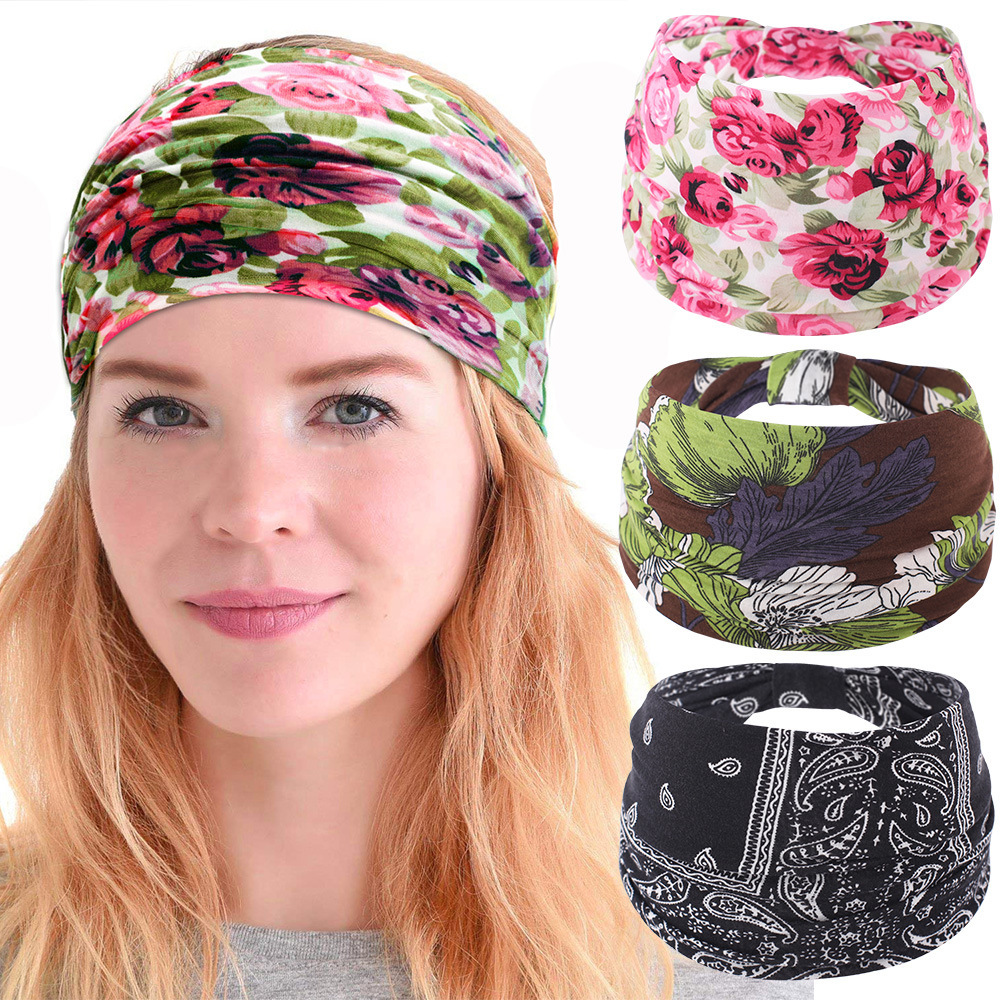 european and american cross-border printing sports wide-brimmed women‘s hair band elastic headband vintage yoga hair band accessories in stock wholesale