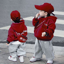 男童加绒红色卫衣春秋冬装新款宝宝保暖上衣中小童加厚儿童上衣潮