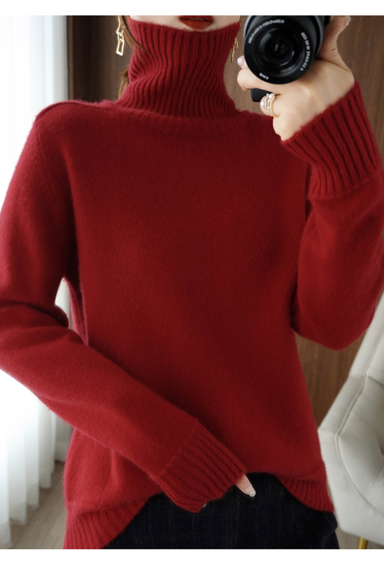冬季新款红色羊毛衫女高领平面套头宽松毛衣加厚本命年打底针织衫