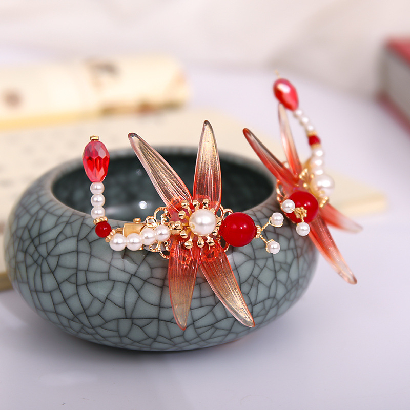 儿童汉服古风头饰发卡古装头花中国风女童红色发夹唐装手工发饰品