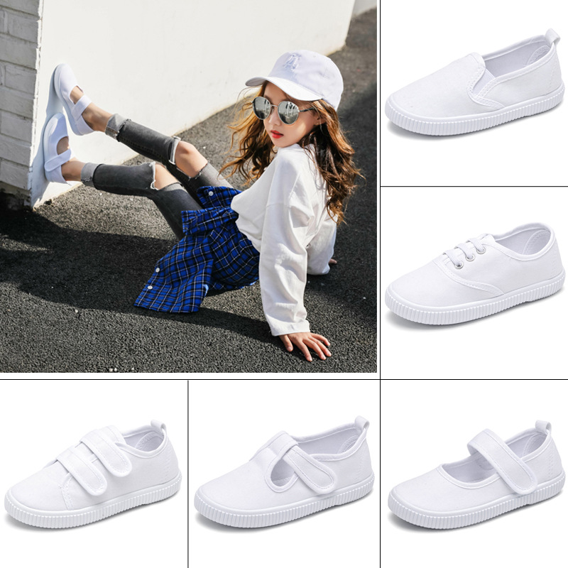 Children's Canvas Shoes plus Size 34~38 Canvas Shoes Velcro White Shoes Comfortable and Non-Slip Soft Bottom Kindergarten Pumps