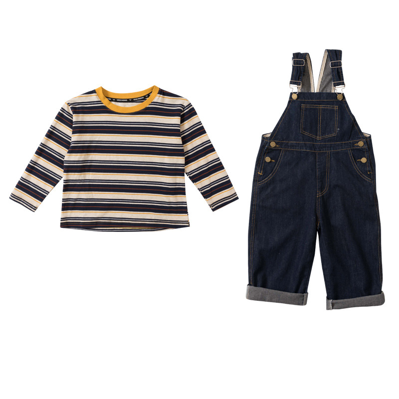 女童春秋网红套装洋气中小童装休闲条纹卫衣韩版牛仔背带裤两件套