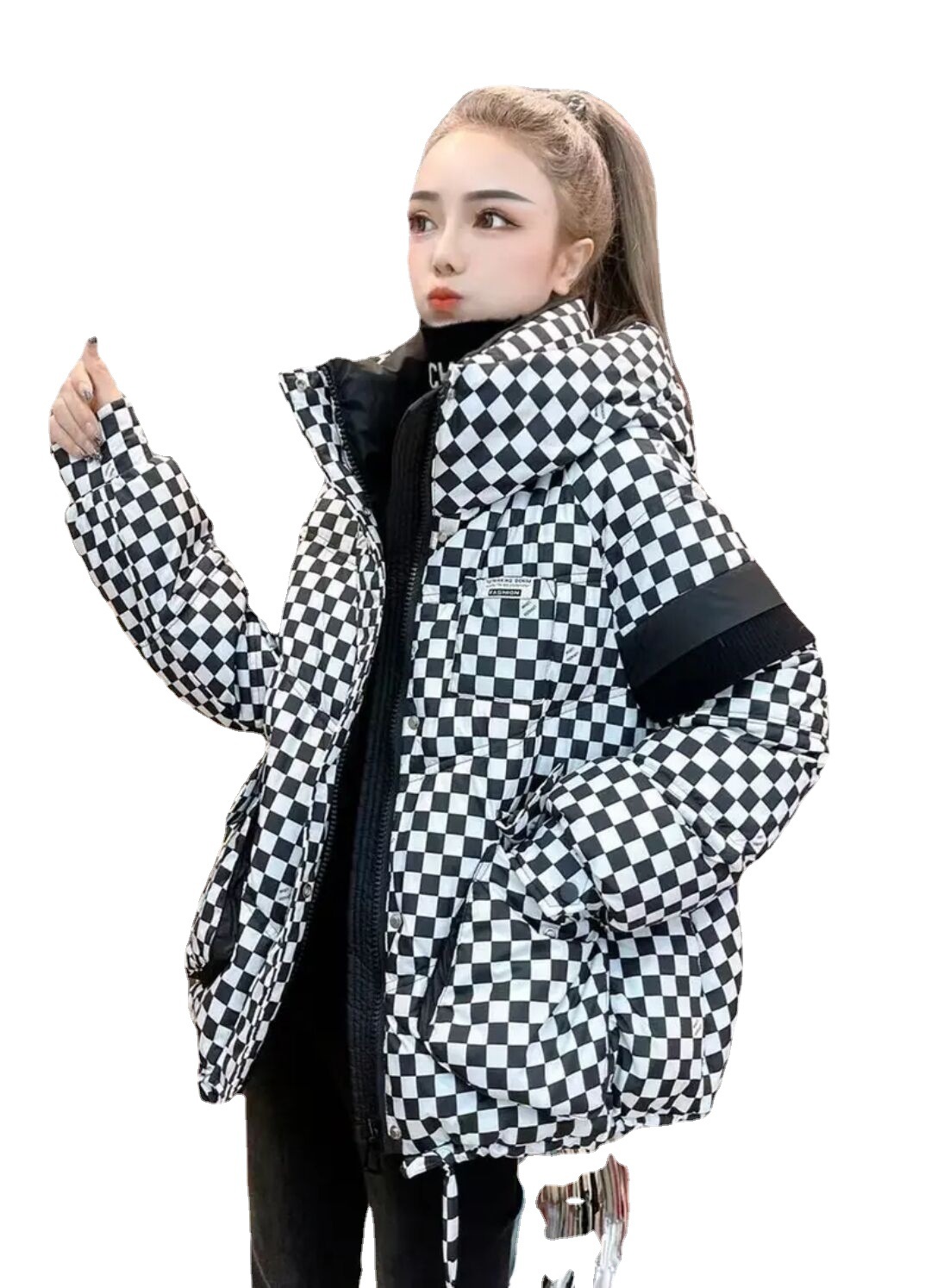 European Station New Chessboard Plaid Female Short Hood Korean Loose Thick Fashion White Duck down Jacket