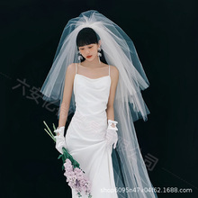 头纱新娘主婚纱领证求婚简约写真三层摄影拍照道具结婚复古蓬蓬纱