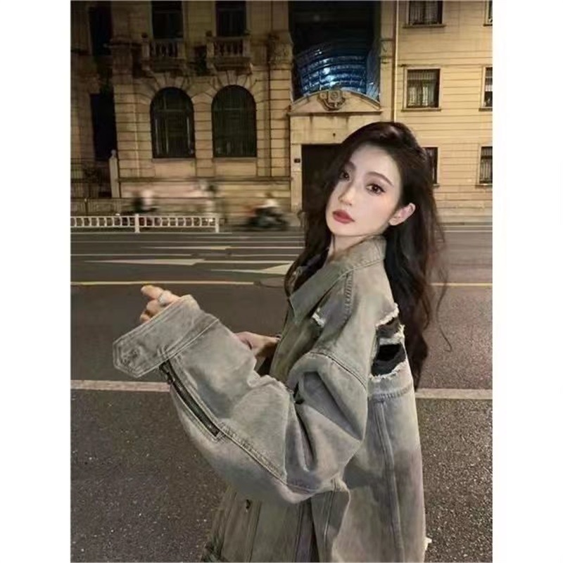春天美式复古做旧黑灰牛仔外套女夹克百搭春秋胖人水洗显瘦学生潮