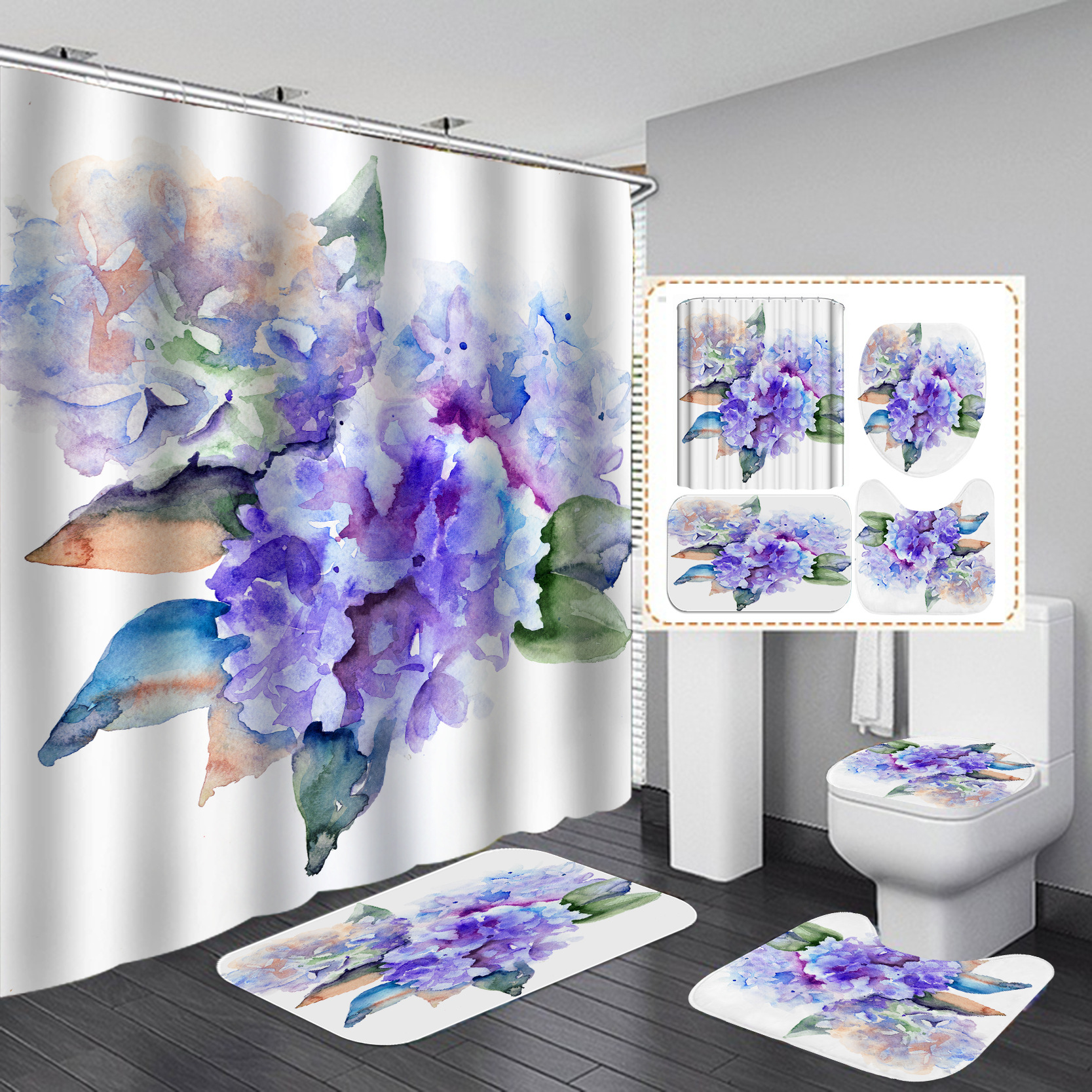 HD Digital Printing Shower Curtain Set Waterproof Punch-Free Partition Curtain Bath Curtain Hotel Toilet Rain Curtain