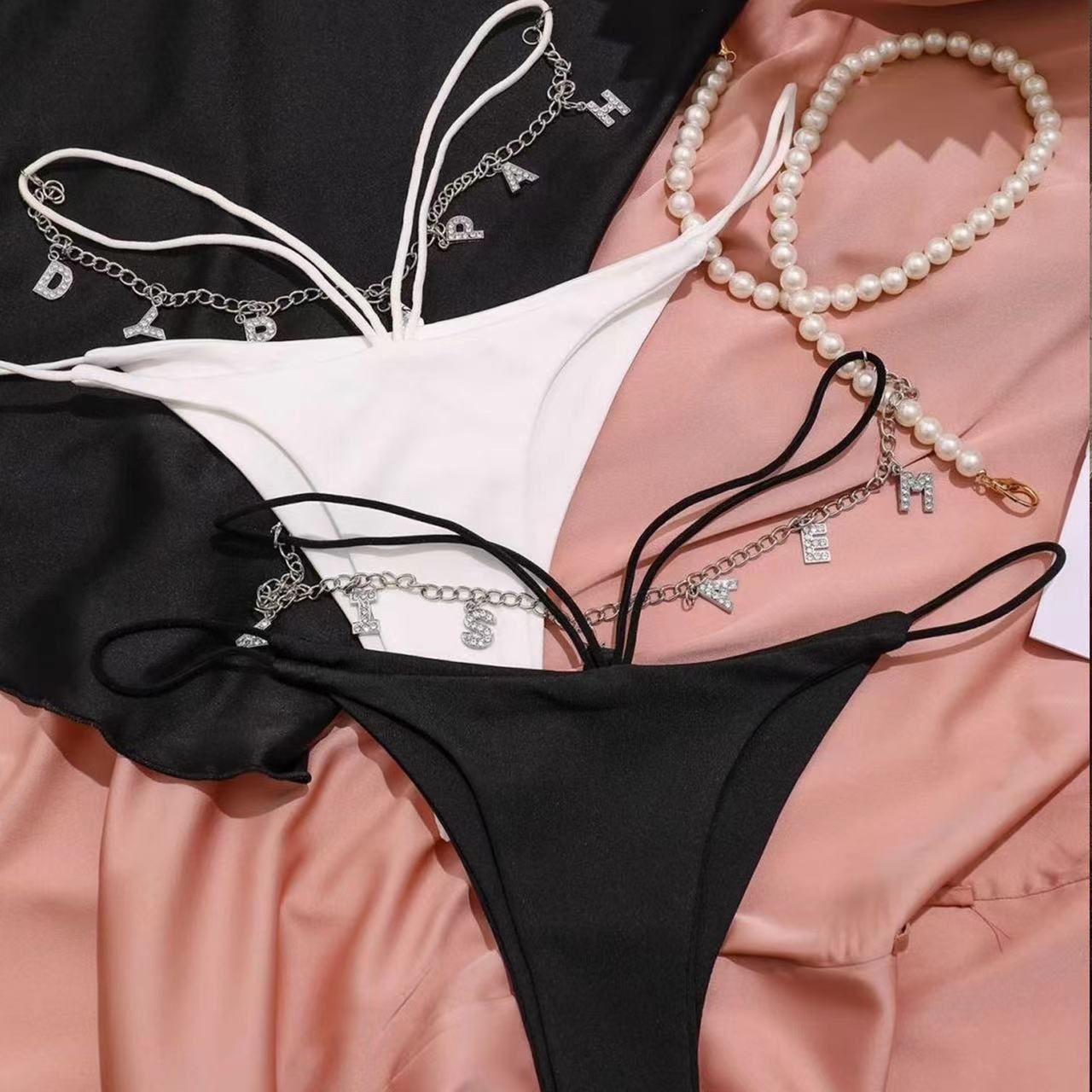 正妹腰臀~2023新款女性感字母链条t裤高腰丁字裤冰丝无痕三角内裤