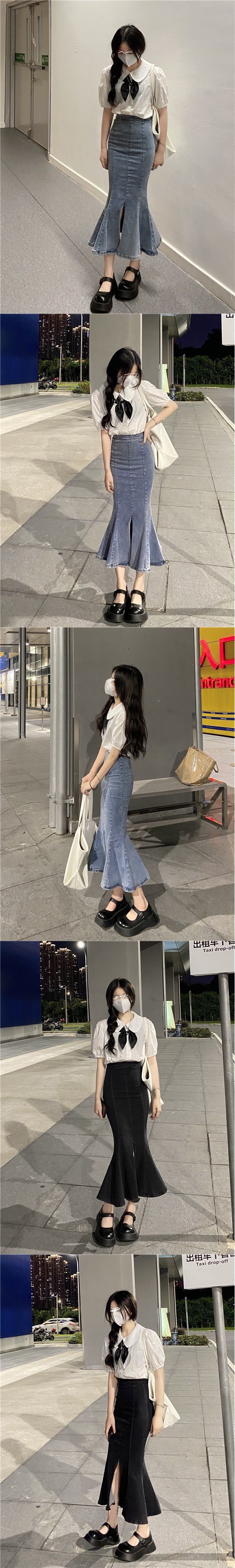 喇叭裙辣妹牛仔半身裙春夏新款高腰a字荷叶边包臀裙设计感可代发