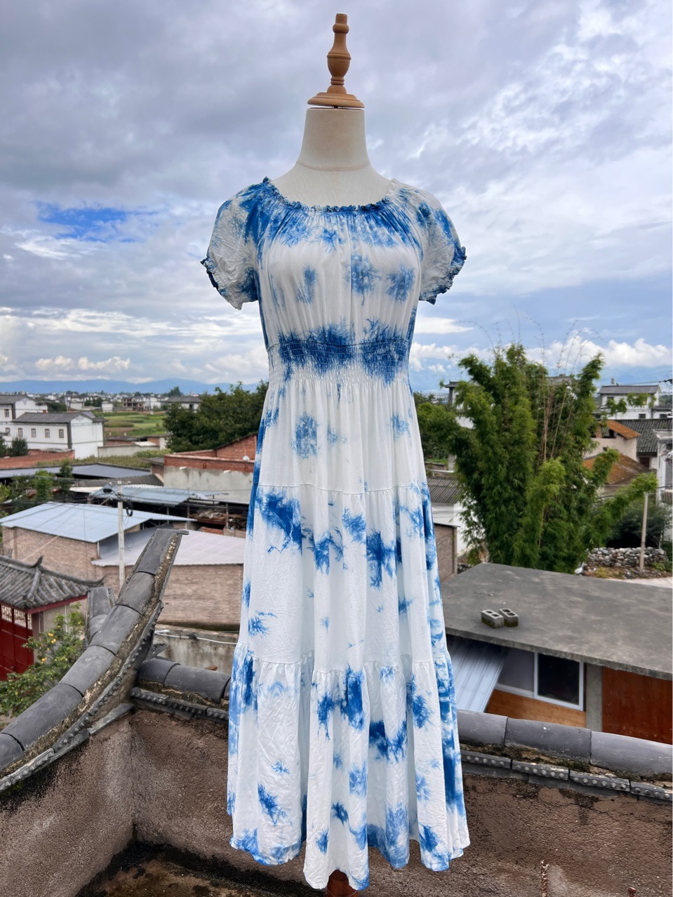 云南大理扎染白族手工扎染连衣裙一字肩连衣裙-阿里巴巴