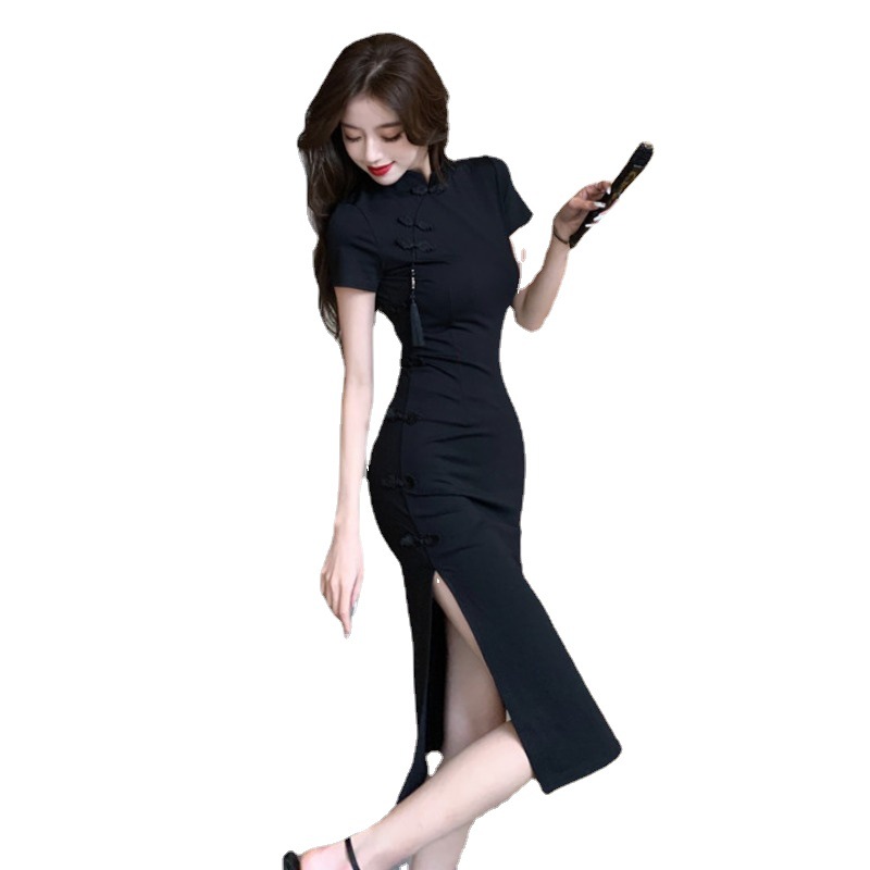 Chinese Style Retro Buckle Cheongsam Dress Women's Summer High-Grade Elegant Little Black Dress Waist Slimming Sheath Dress