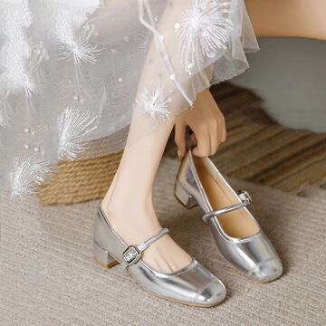 夏季晚晚风温柔鞋法式小银鞋子银色百搭玛丽珍小皮鞋粗跟夏天单鞋