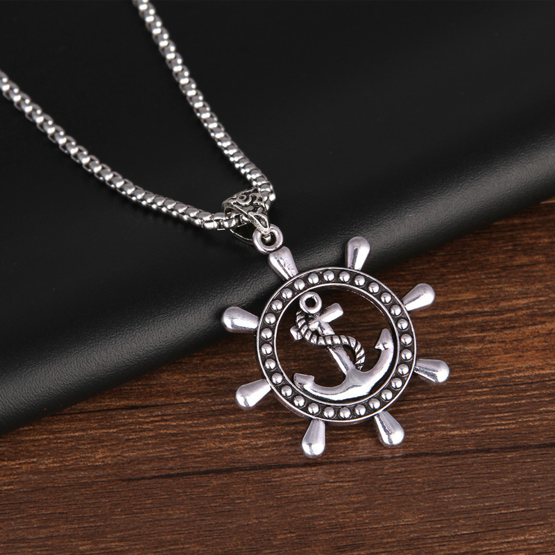 欧美风男士不锈钢链子船锚船舵吊坠 加勒比海盗钛钢项链饰品批发