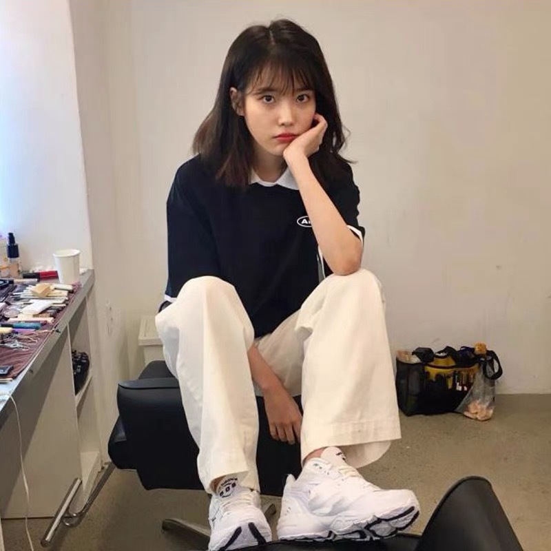 现货 iu李智恩同款黑白拼接撞色polo衫翻领短袖t恤学院风