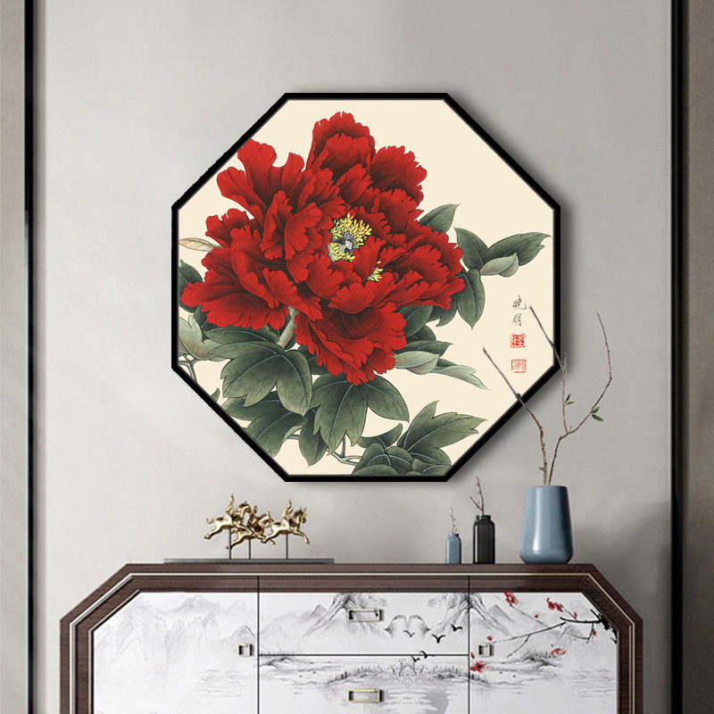 牡丹花装饰画八边形花开富贵图挂画玄关走廊背景墙中式进门墙壁画