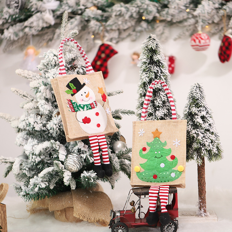 Jin Mingguan New Christmas Decorative Creative Cute Linen Machine Embroidery Handbag with Feet Gift Candy Packaging Bag