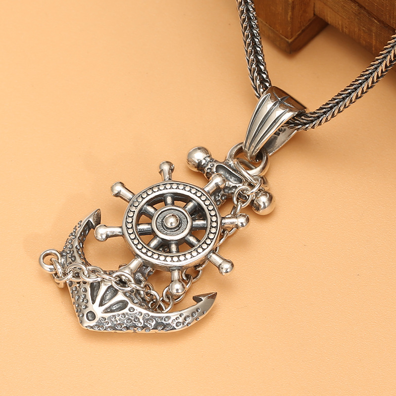 s925纯银海盗船舵船锚吊坠时尚朋克风男士项链挂坠朋克风做旧饰品
