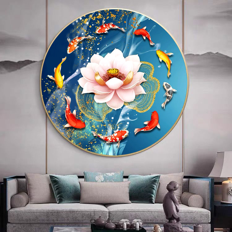一件代发十字绣九鱼荷花圆版客厅卧室玄关小幅画锦鲤聚财刺绣小件