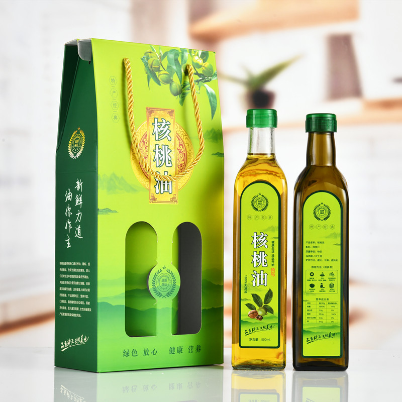 批发500ml核桃油瓶包装盒山茶油瓶礼盒方形透明香油玻璃瓶手提袋
