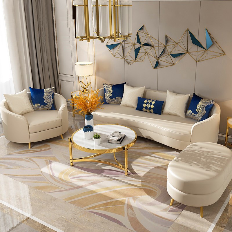 北欧轻奢新款弧形皮艺沙发组合大小户型设计师样板间双三人位沙发