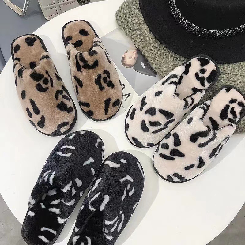 Popular Closed Toe Korean Style Leopard Print Plush Thickened Warm Fashion Home Bedroom Flat Non-Slip Autumn and Winter Cotton Slippers Female Fashion