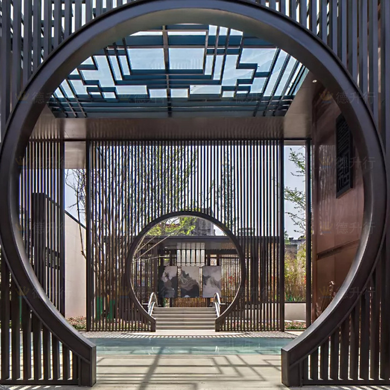 园林景观新中式青古铜不锈钢铝板浮雕月亮门月洞门拱形门屏风隔断