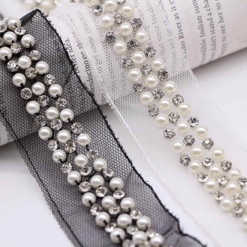 新款网纱手工钉珠蕾丝三排镶钻珍珠花边服装辅料diy配饰箱包配件