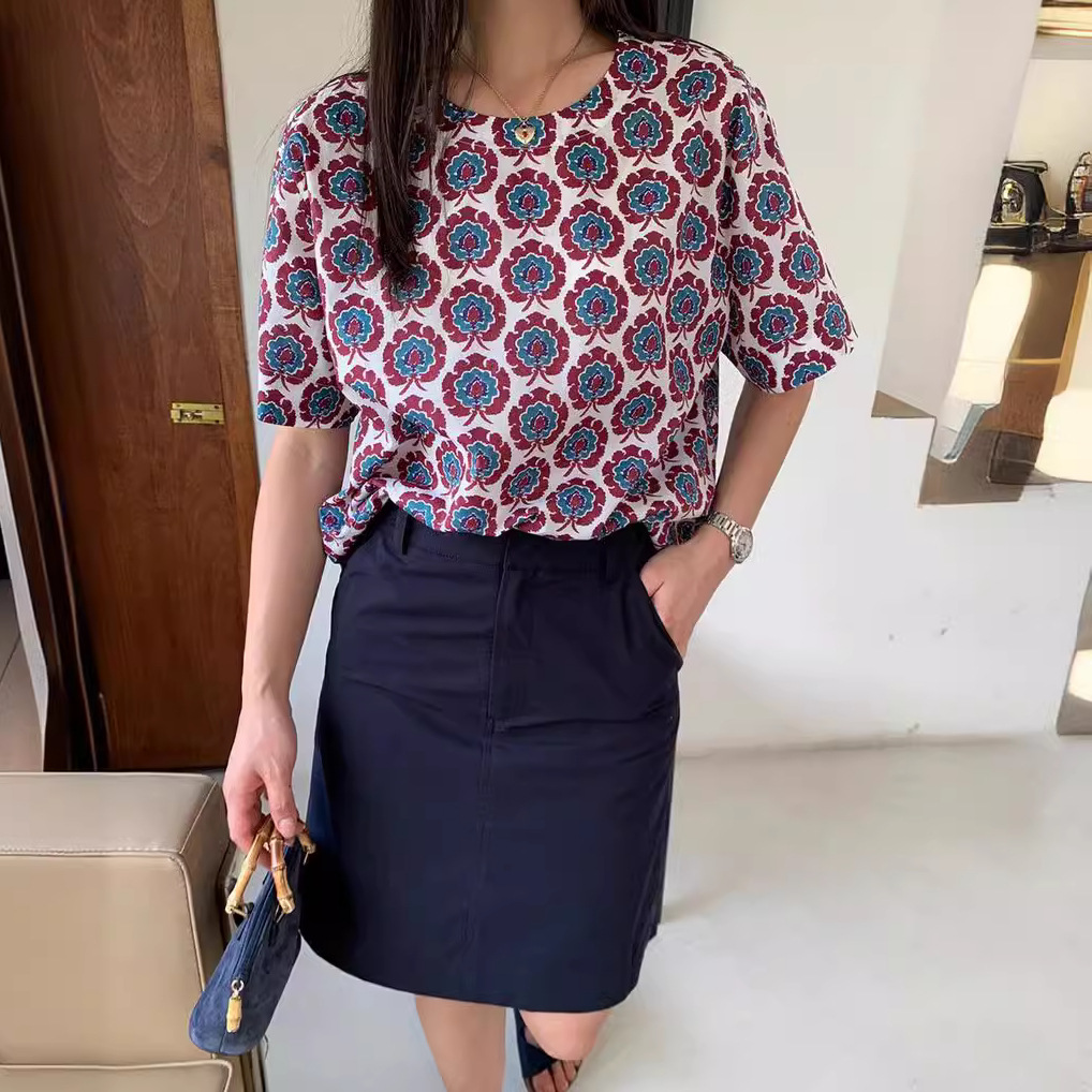 2024夏季真丝斜纹绸定位印花衬衫高端女神范气质桑蚕丝上衣女