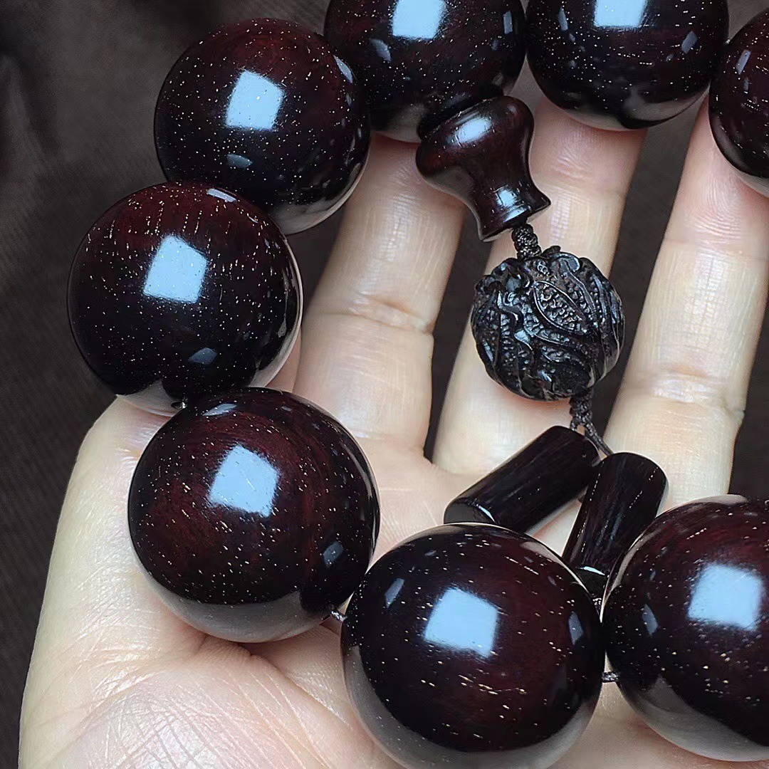 印度小叶紫檀手串2.5老料酒红色满金星 泥料玻璃底紫檀佛珠饰品