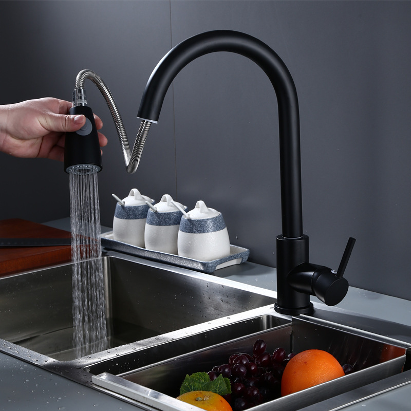 Cross-Border 304 Kitchen Pull-out Faucet Retractable Universal Rotating Washing Basin Faucet Hot and Cold Faucet