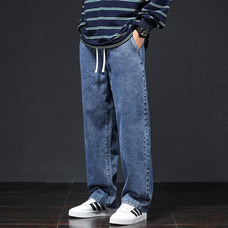 2022 Autumn and Winter New Loose Straight Men's Jeans High Street Casual Elastic Waist Wide Leg Trousers
