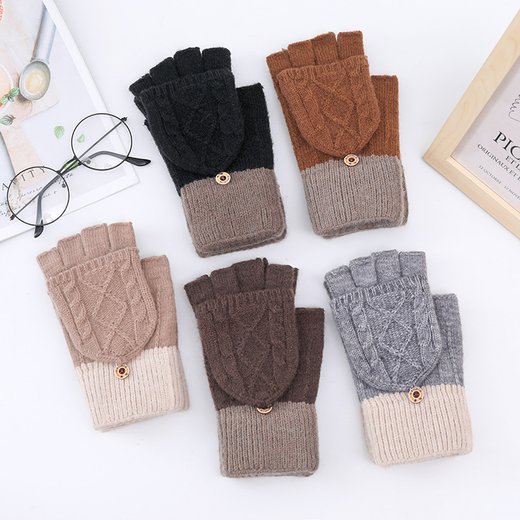 Winter New Knitted Gloves Playing Games Student Writing Gloves Cashmere Half Finger Flip Warm Gloves