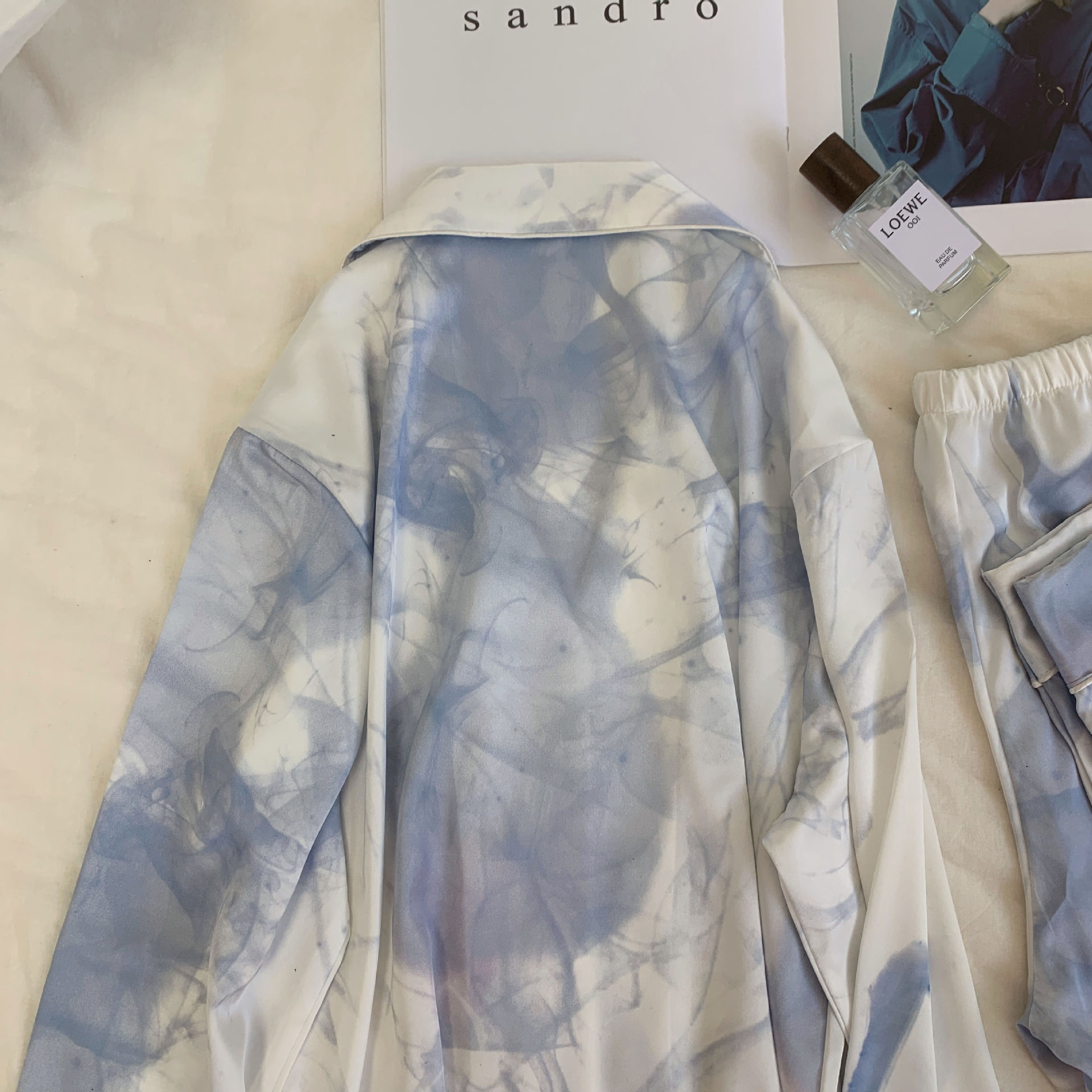 [Blue Starry Sky] 2024 Spring and Summer New Silk Pajamas Women's Long-Sleeved Trousers Ink Blooming Simple Homewear