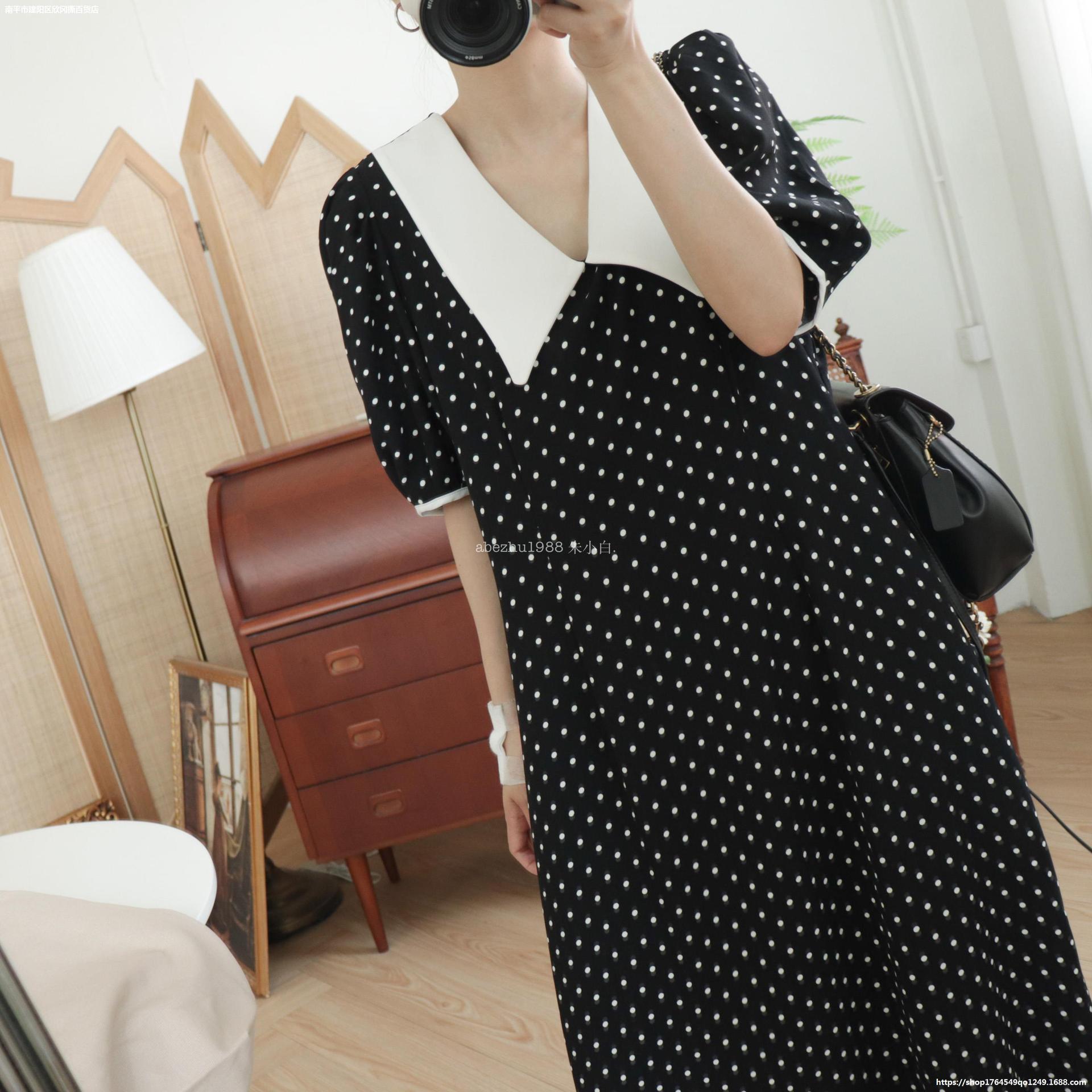 法式波点裙!夏季撞色翻领宽松飘逸中长薄连衣裙 c 7526