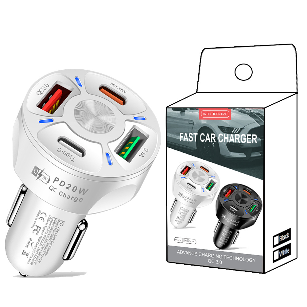 PD 20W + Type-c Qc3.0 USB 3.1A Fast Charge Car Charger Car Charger One for Four Multi-Port Car Charger