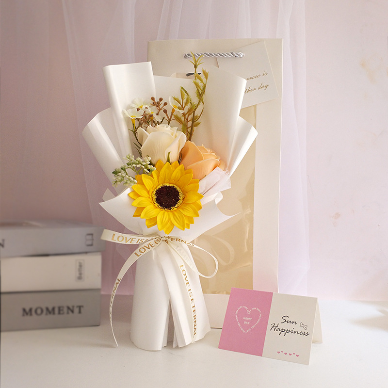 Teacher's Day Gift Finished Sunflower Portable with Light Bouquet Wholesale Soap Rose Present for Client Gift