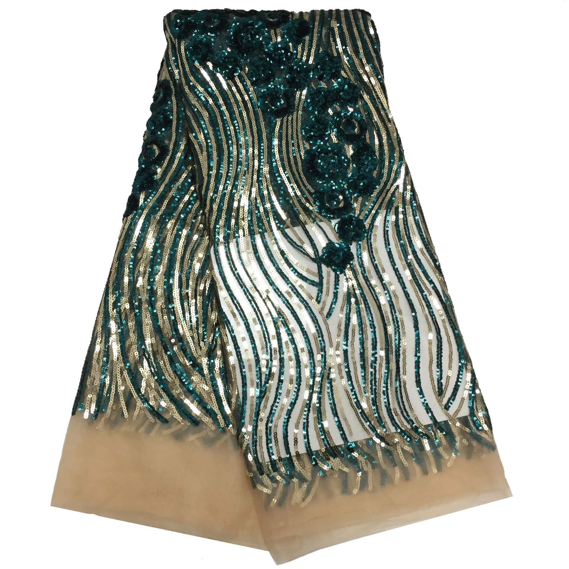 新款亮片叠片流苏面料蕾丝布料民族风非洲花边lace fabric jx940