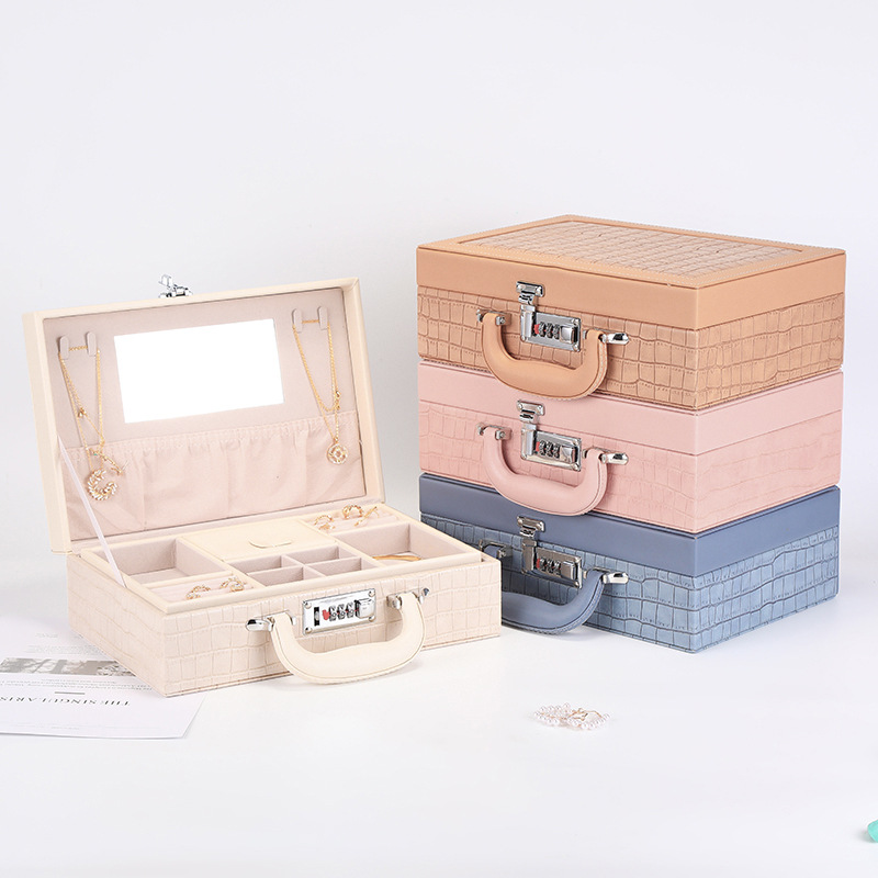 New Fashion Simple Portable Jewelry Box Creative Layered Compartment Casket Jewel Box Crocodile Pattern Pu Dustproof Storage Box