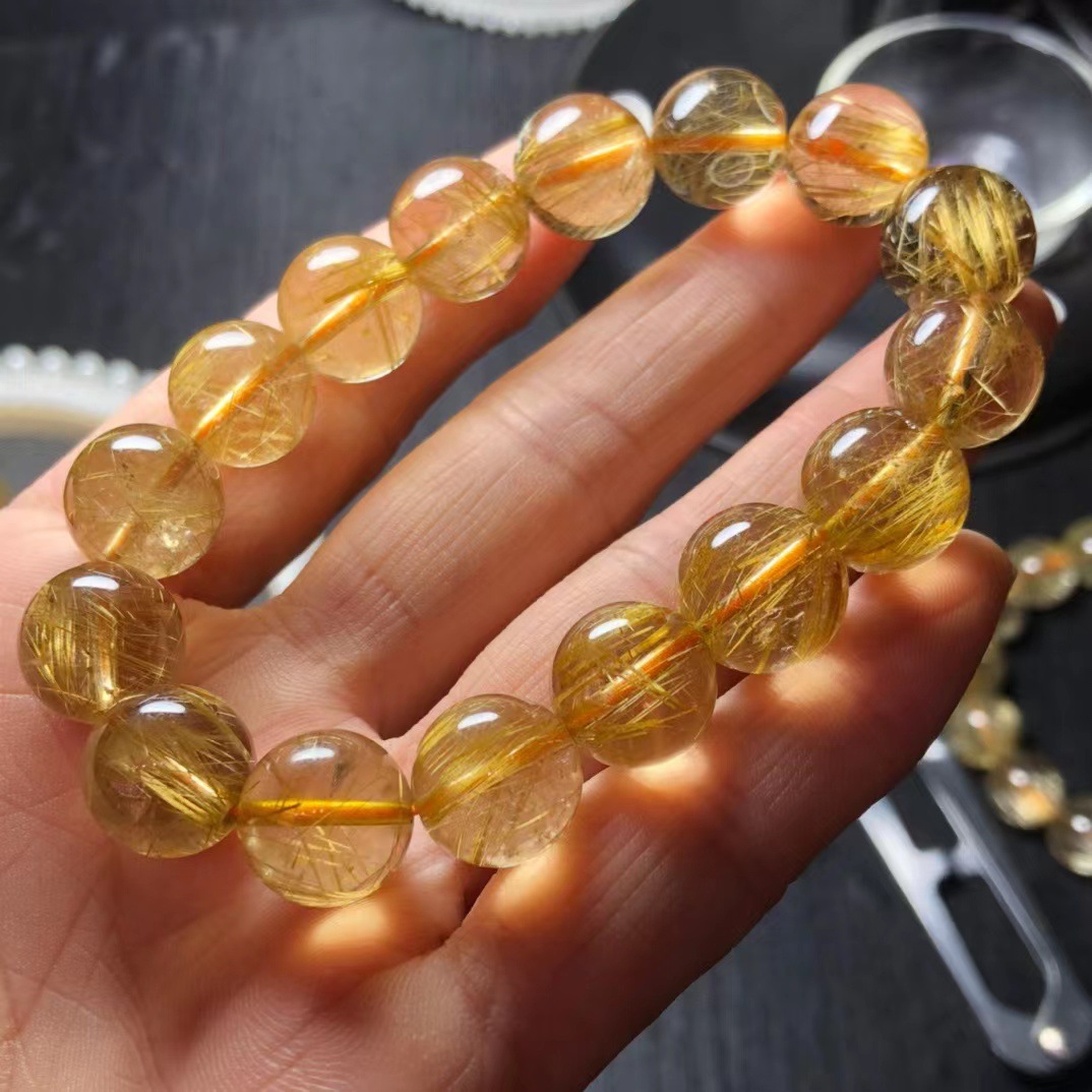 Natural Gold Rutilated Quartz Single Ring Bracelet Smooth Hair Rutile Cat's Eye Bracelet Men's and Women's Yellow Hair Crystal Hair Jewelry Gift Temperament