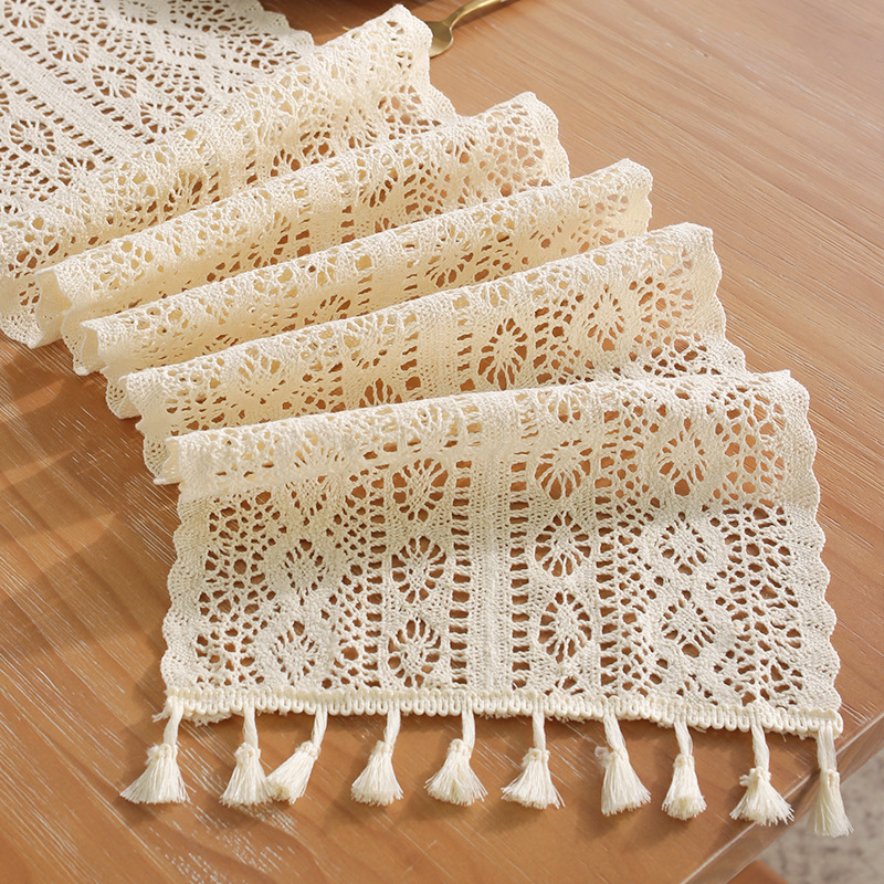 French Retro Hollow Lace Table Runner Hand-Crocheted Cotton Crochet Artistic Idyllic TV Shoe Cabinet Cover Towel Bed Runner