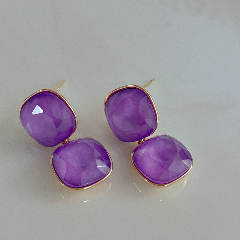 复古港风时髦浓情紫色几何方形闪耀切面水晶镀金925银针耳钉耳环