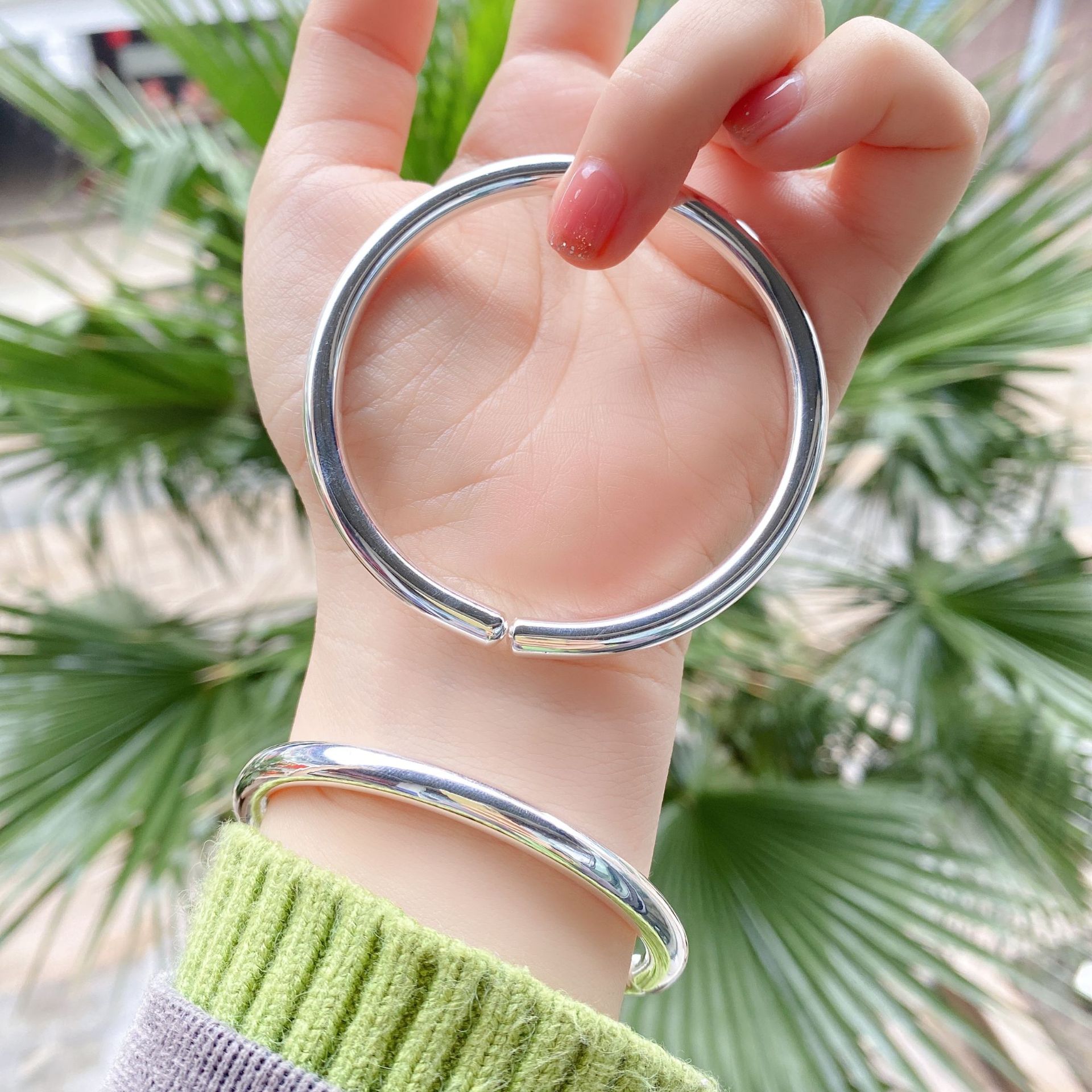 9999银手镯定制实心光面传承开口闭口可带光球圆条圆棍情侣手环