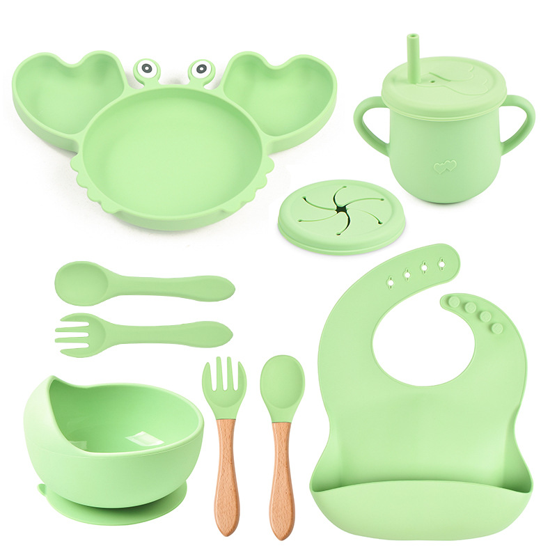 Silicone Crab Plate Baby Bib Baby Bowl Tableware Spoon Fork Drop-Resistant Snack Cup Set Factory Wholesale